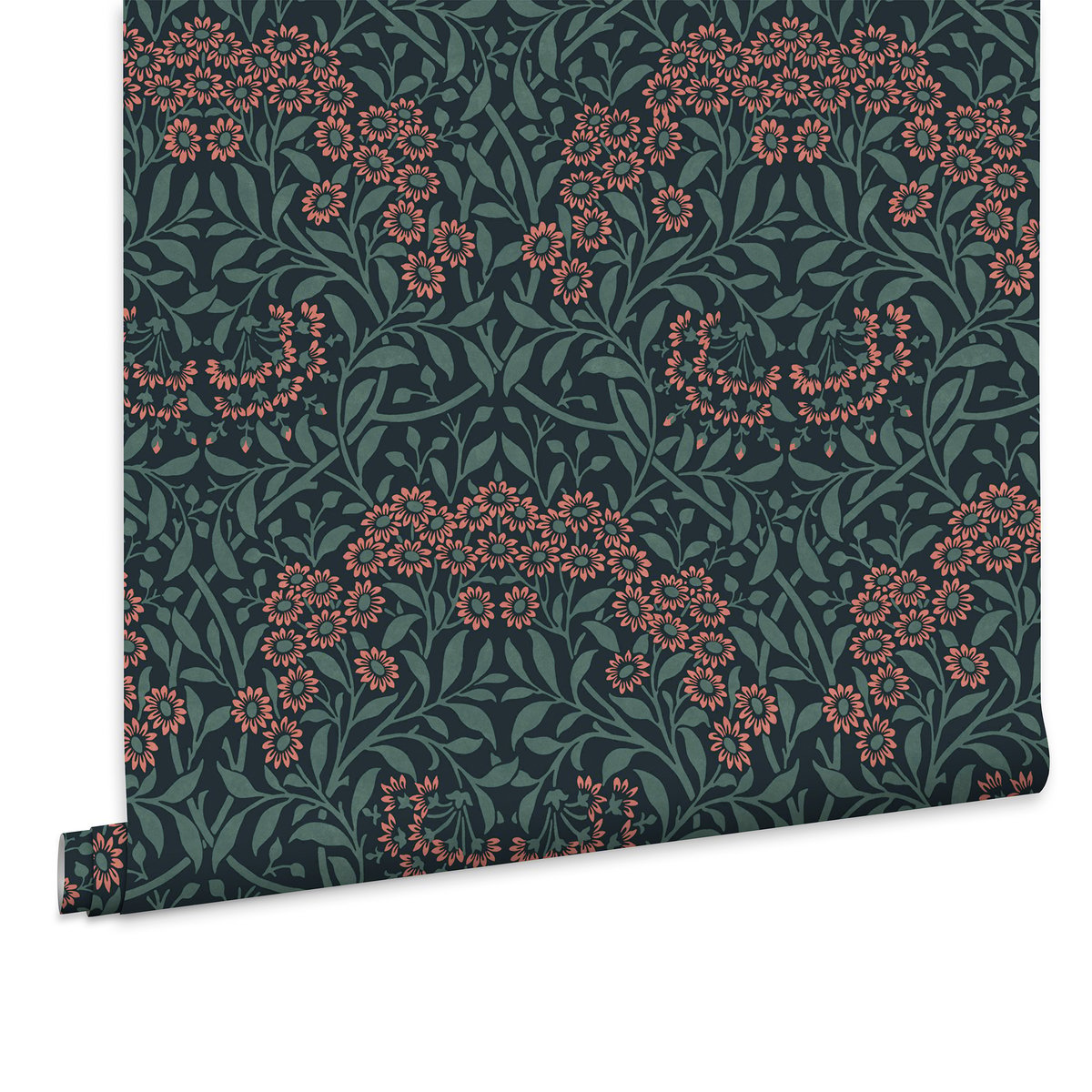 Papier peint fleuri Michaelmas Daisy Midnight bleu, corail, WILLIAM MORRIS AT HOME