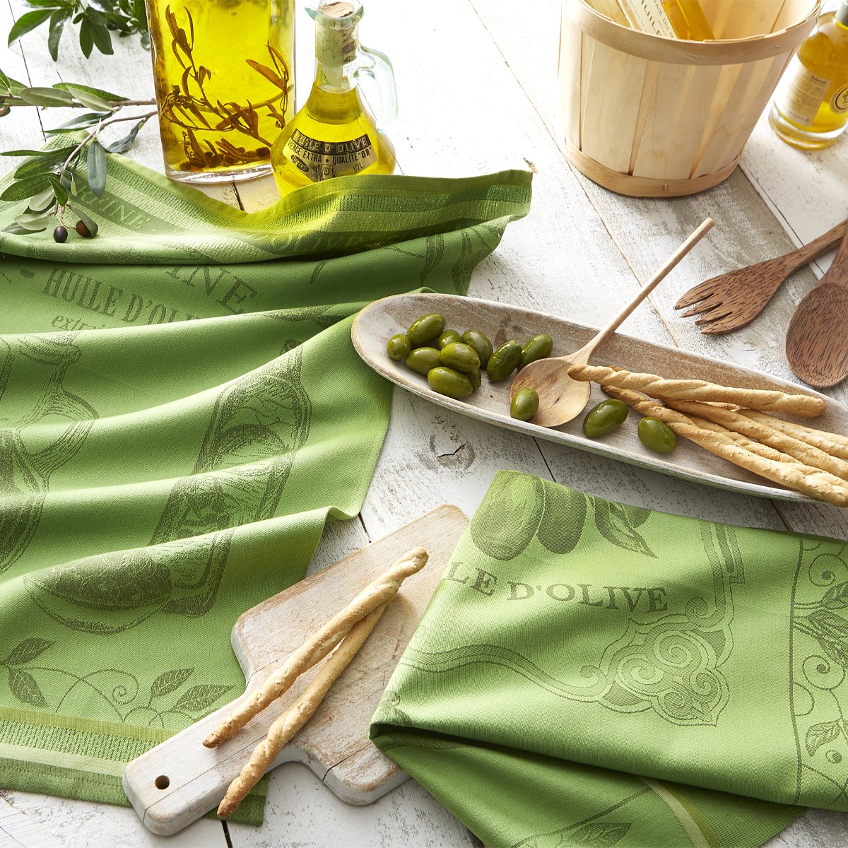 Torchon en jacquard de coton, BOUTEILLE HUILE vert, COUCKE