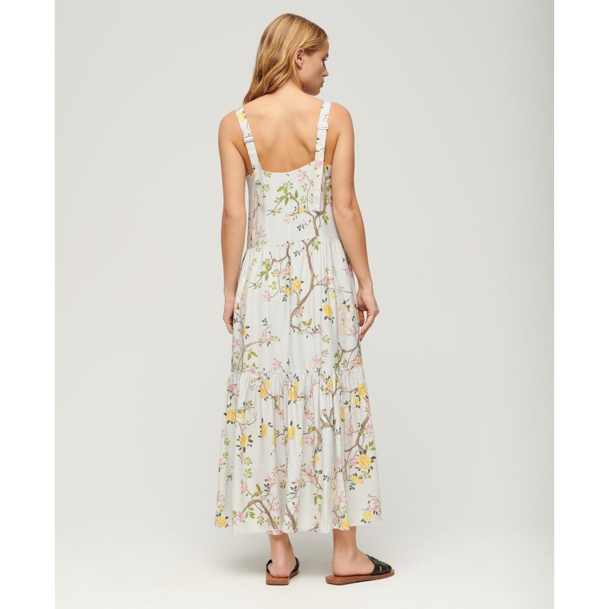 Robe longue tissée à volants gris oiseau fleuri, SUPERDRY