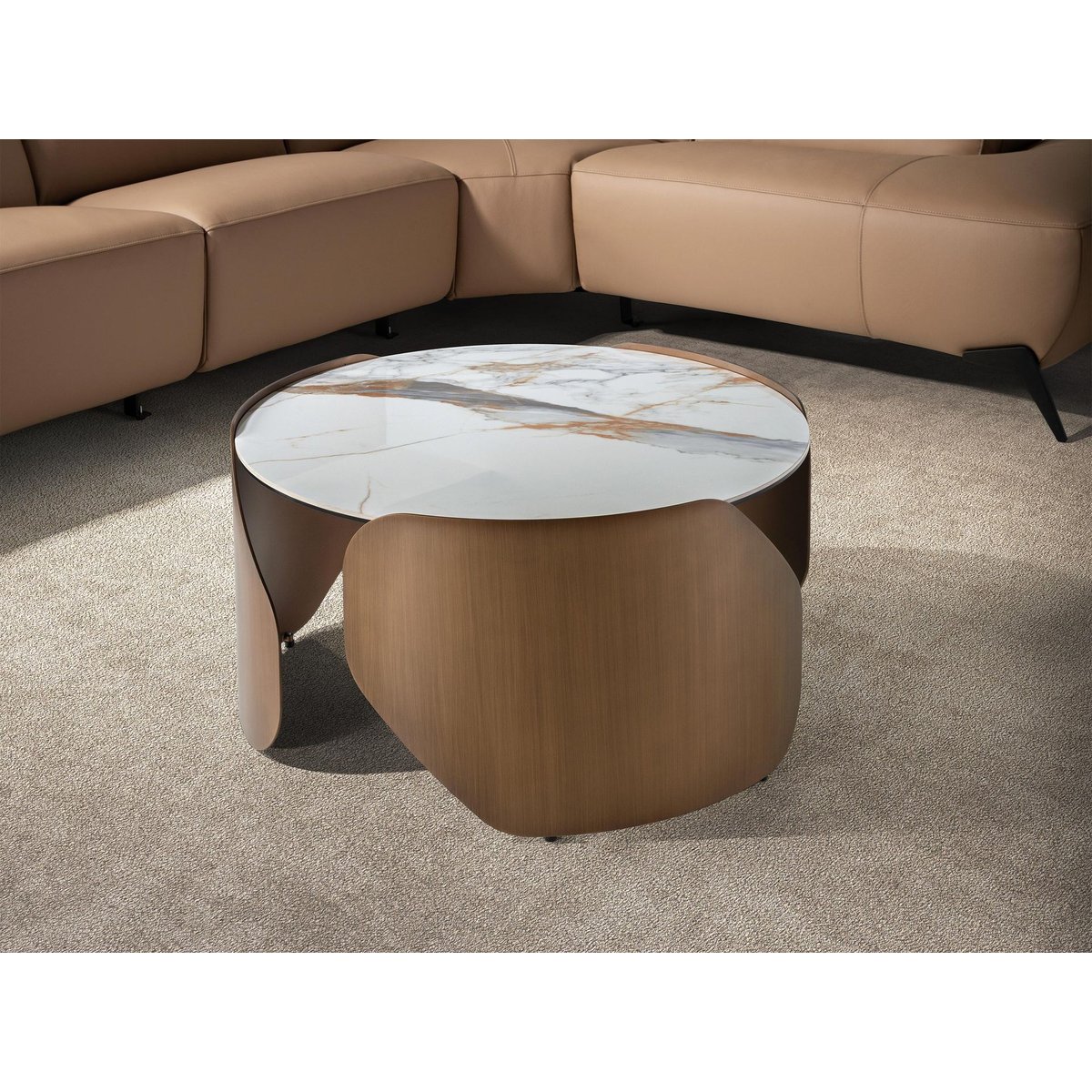 Table basse ronde en marbre porcelainé et acier blanc | bronze, ANGEL CERDA