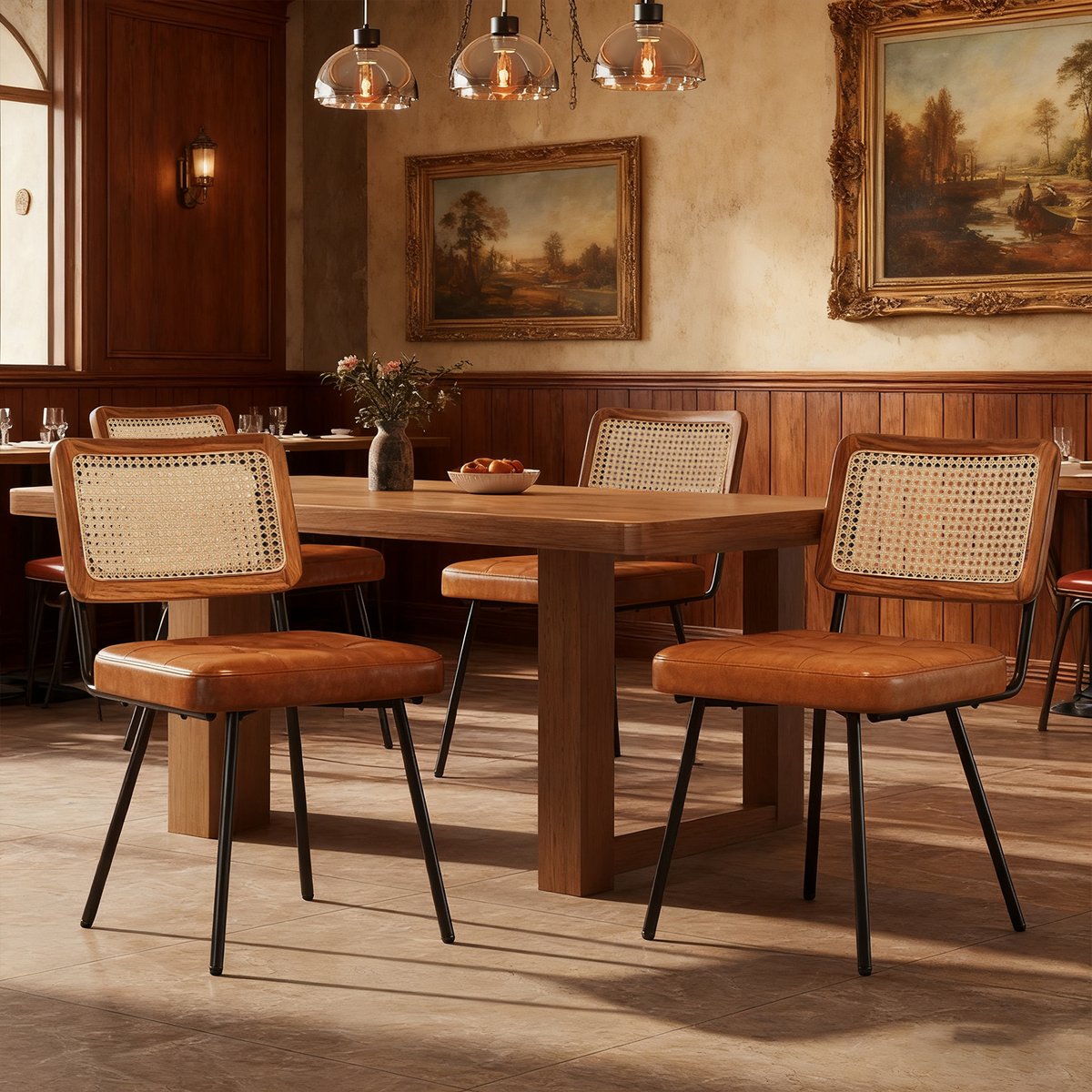 Lot de 4 chaises de salle à manger en simili cuir avec dossier en rotin PE style rétro moderne, KAROMIR marron, MEUBLES COSY