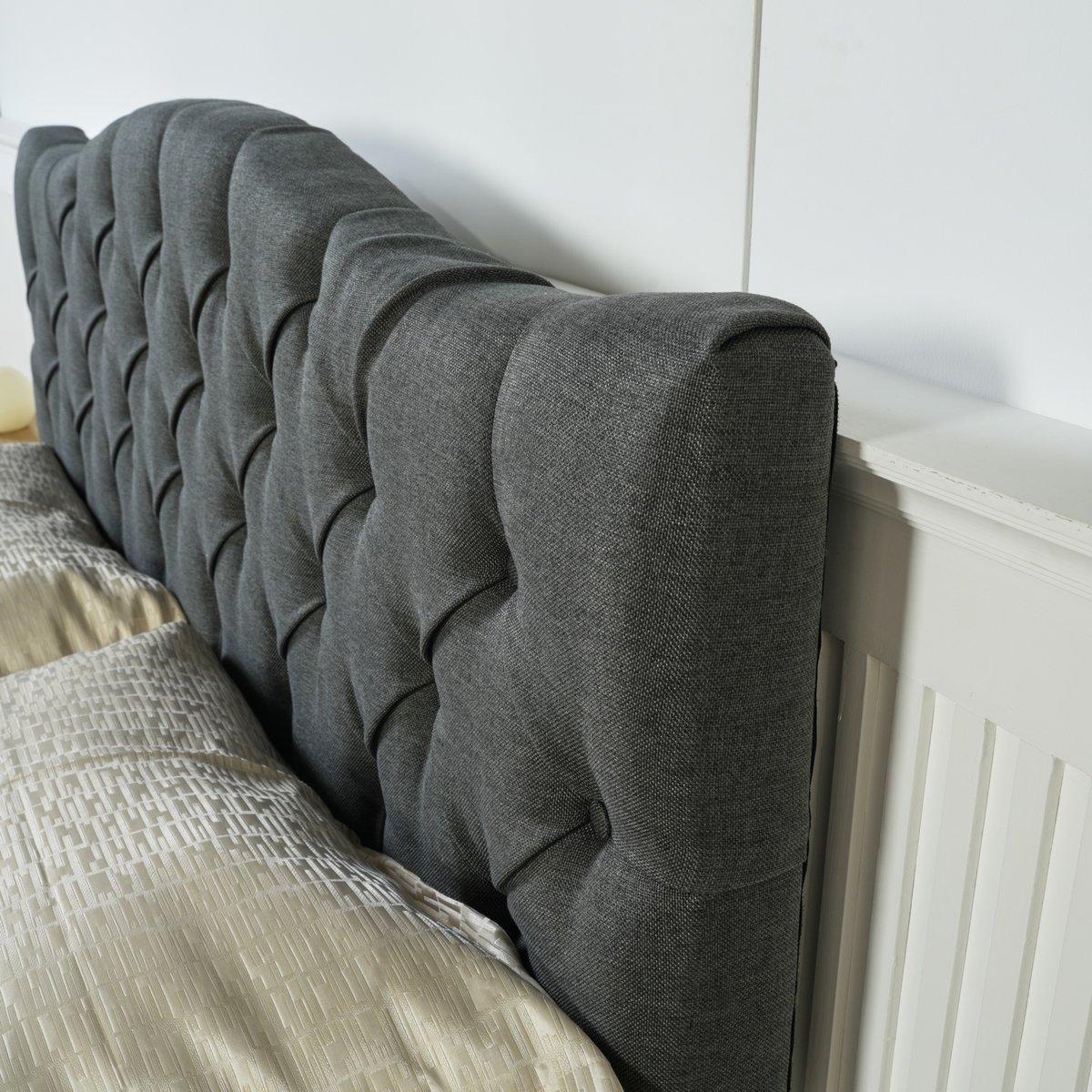 Lit double capitonné sans matelas sans rangement, LEON gris, MEUBLES COSY
