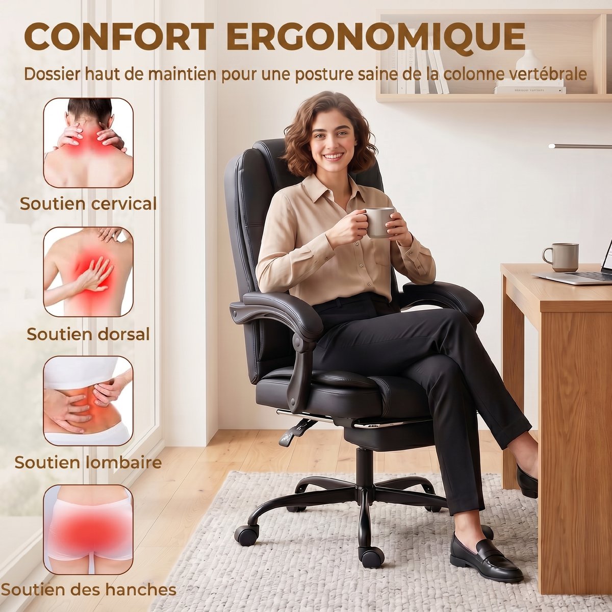 Chaise de bureau PU Noir noir, HOMCOM
