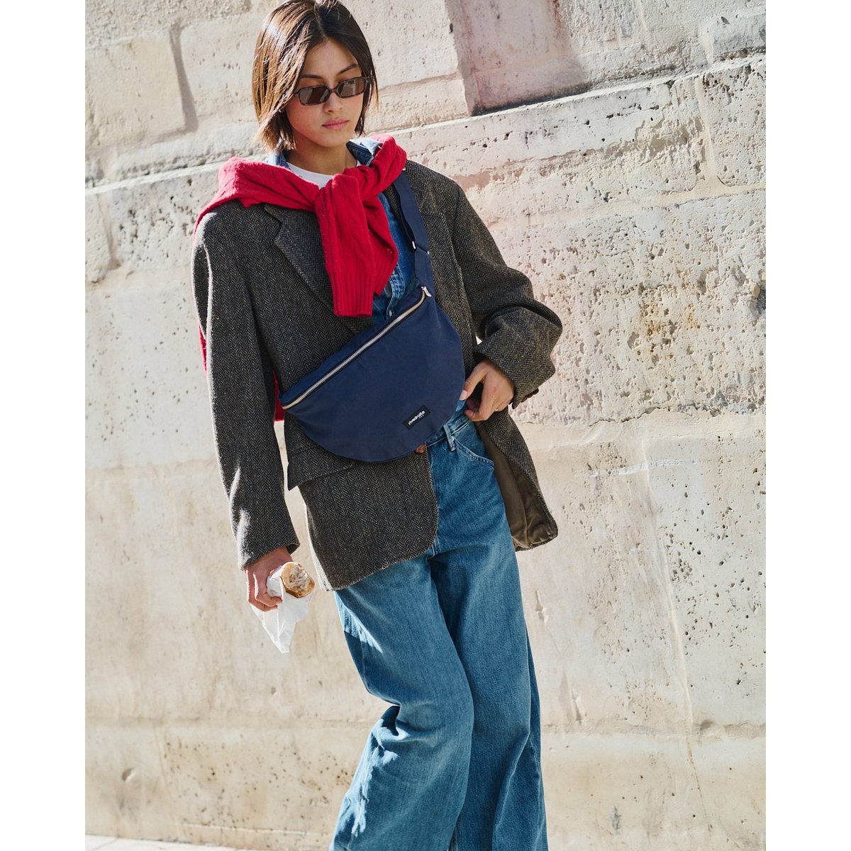 Sac banane en coton enduit zippé CUSTINE XL bleu enduit, RIVEDROITE