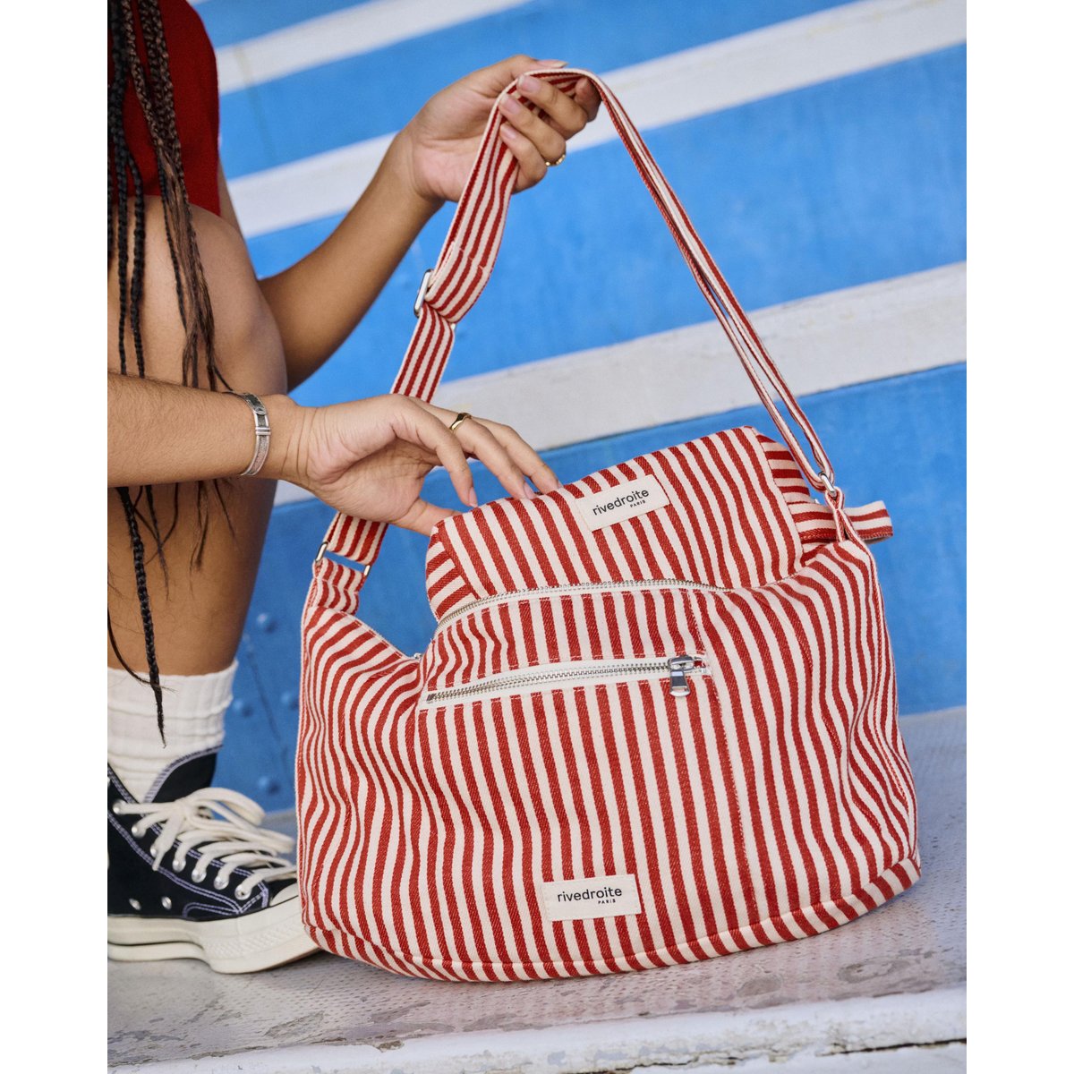 Trousse de toilette rayée en coton organique zippée TOURNELLES XL rayé rouge blanc, RIVEDROITE