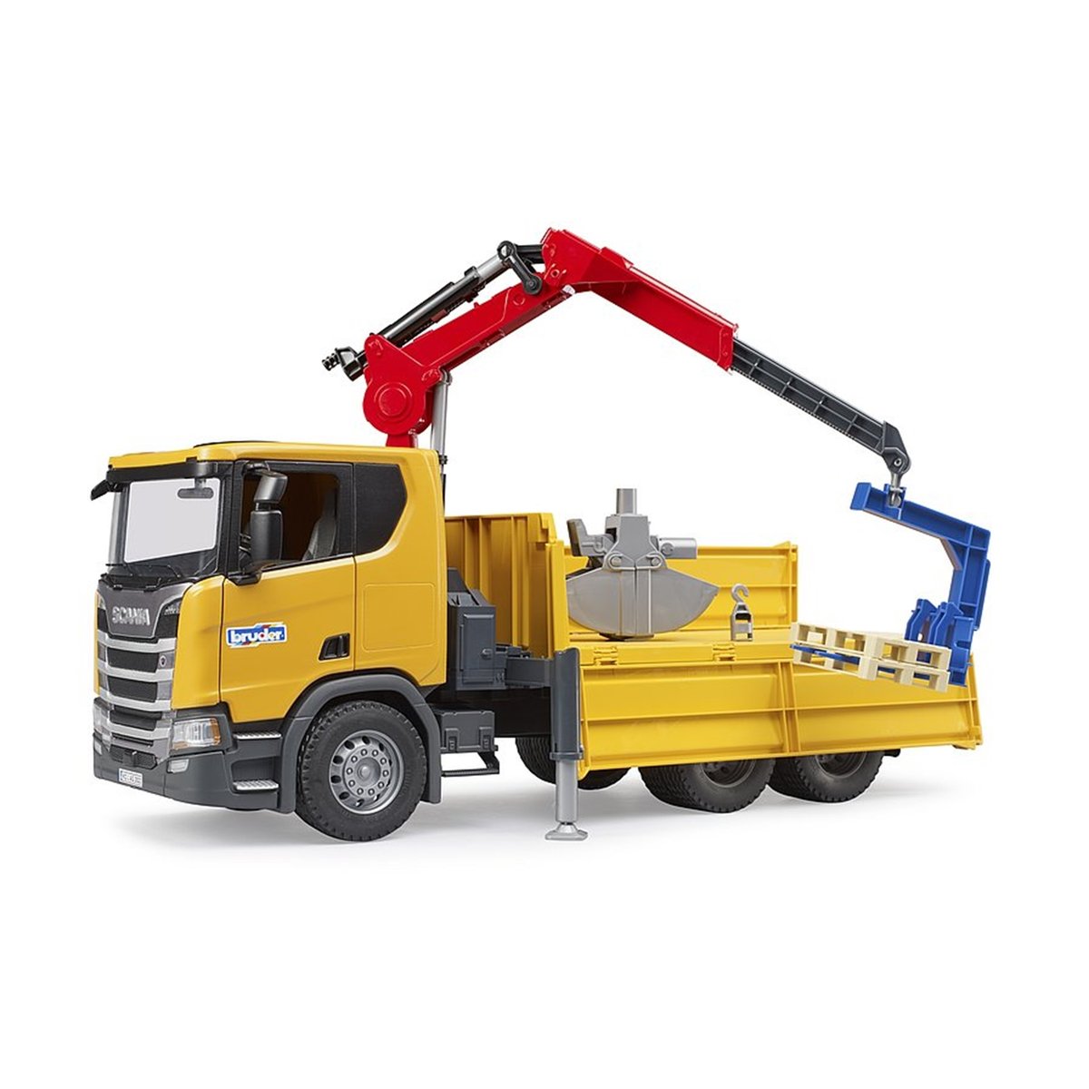 Camion de chantier Scania Super 560R avec grue et 2 palettes jaune, BRUDER