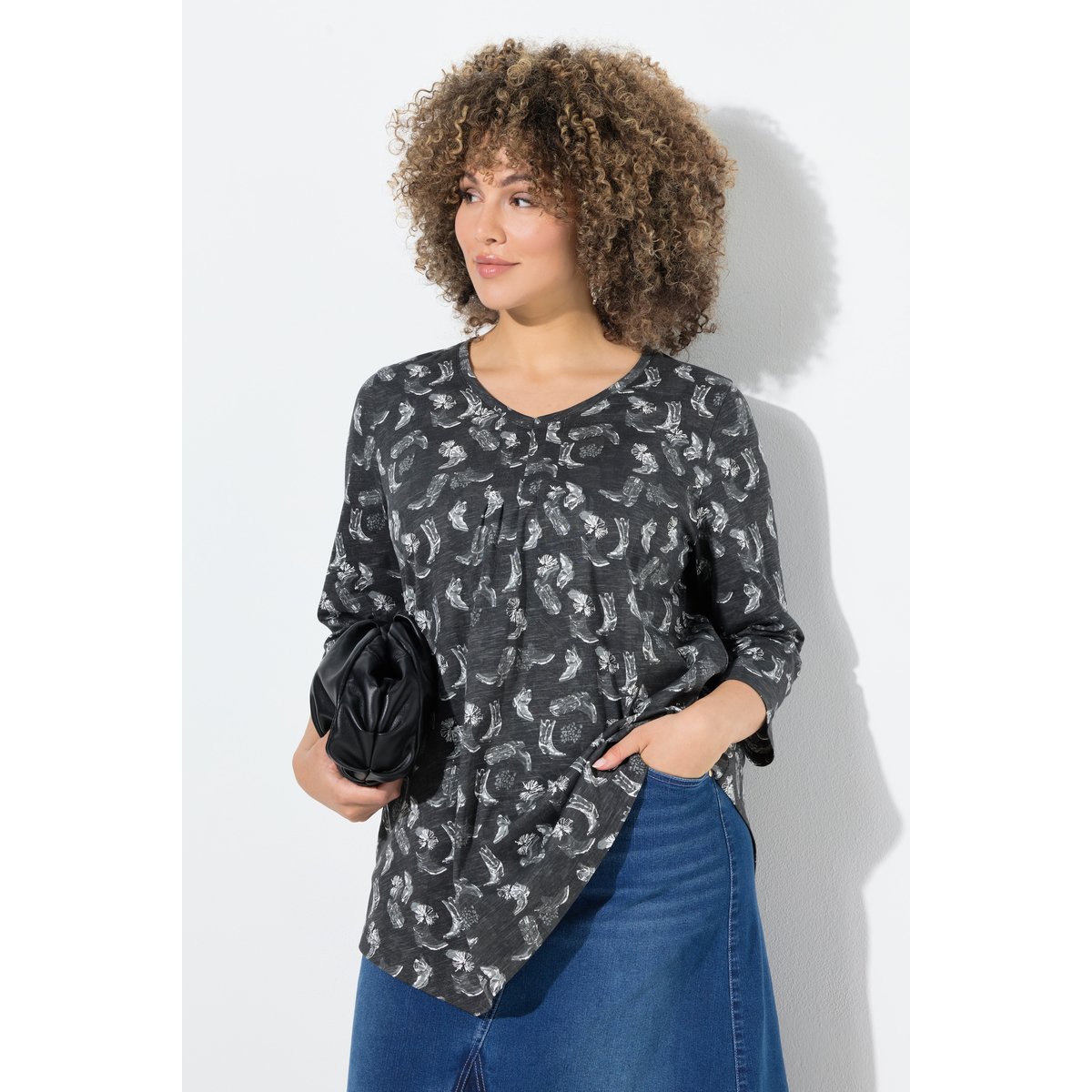 T-shirt à fleurs, plis fantaisie noir, ULLA POPKEN