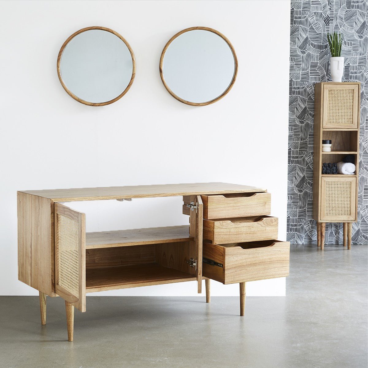 Meuble de salle de bain en mindi massif et cannage 135 cm HANA naturel, BERAH GETAH