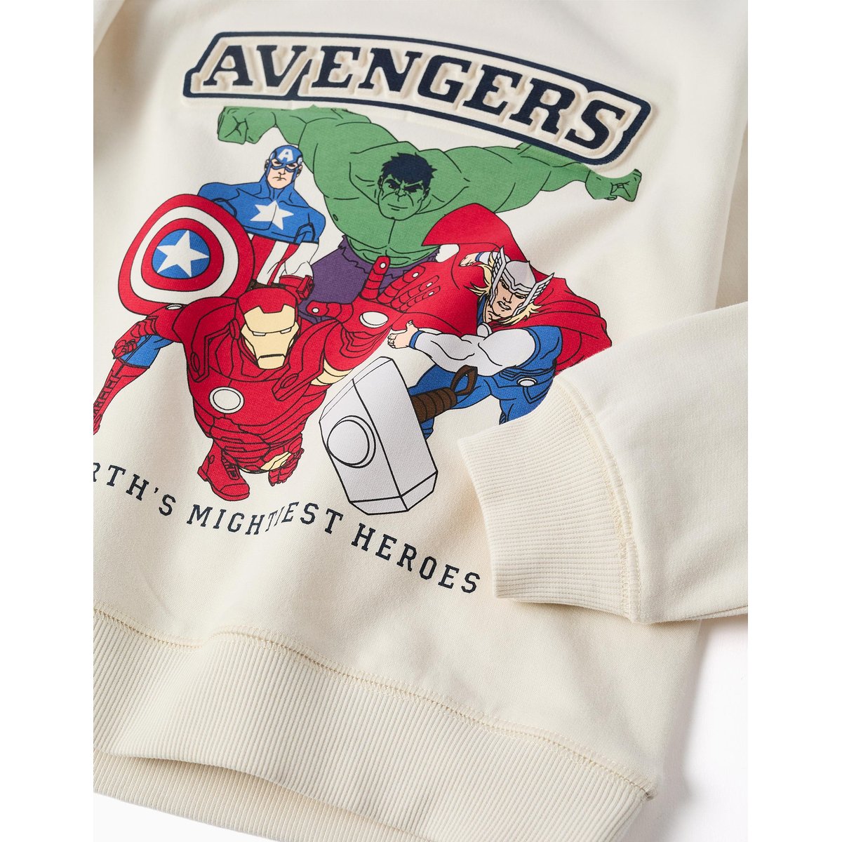 Sweat en coton peigné avec imprimé en relief Avengers blanc, ZIPPY