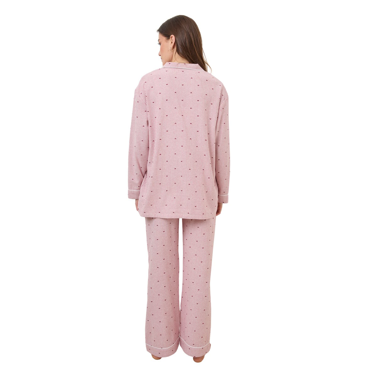 Ensemble 2 pièces pyjama de grossesse en flanelle rayée motifs coeurs rose nude, VERTBAUDET