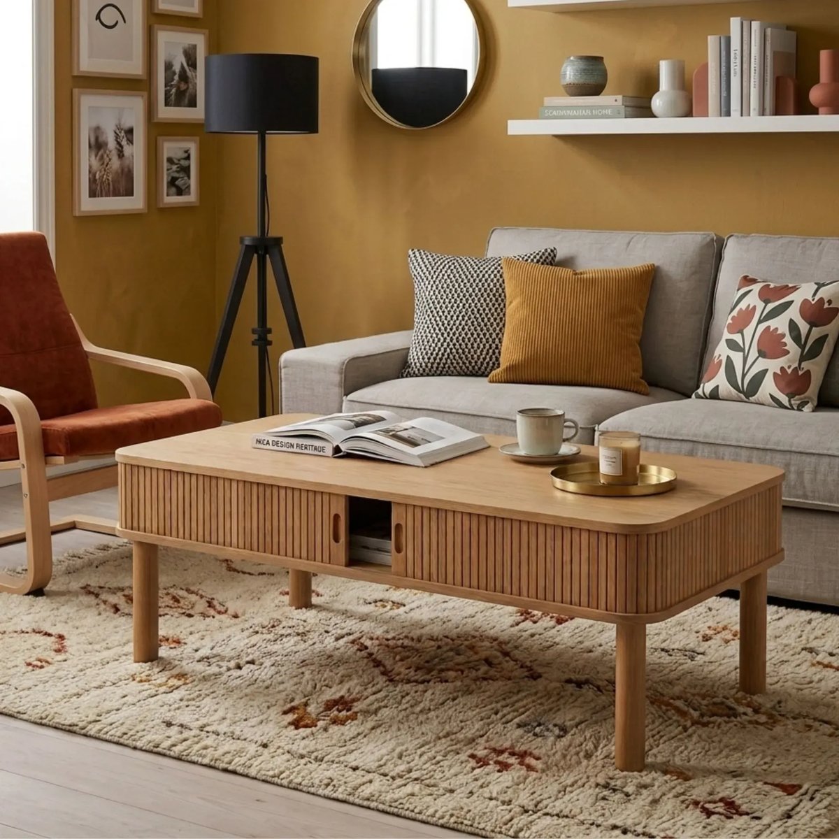 Table basse rectangulaire 3 niches de rangement L130 - GAYNEL bois clair, HELLIN, DEPUIS 1862