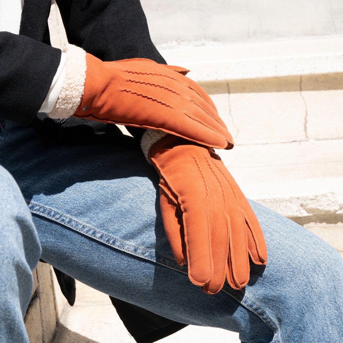 Gants en cuir de chèvre velours, doublés en imitation fourrure orange mandarine, ISOTONER