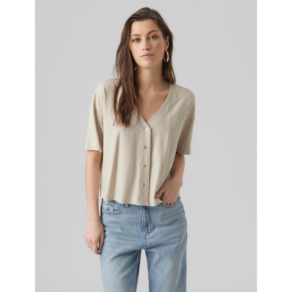 Blouse courte, encolure v, manches courtes ecru, VERO MODA