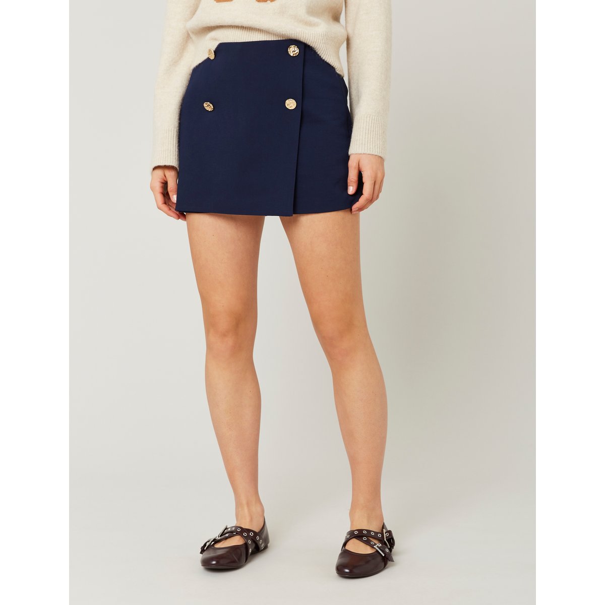 Jupe short boutons dorés bleu foncé, BZB