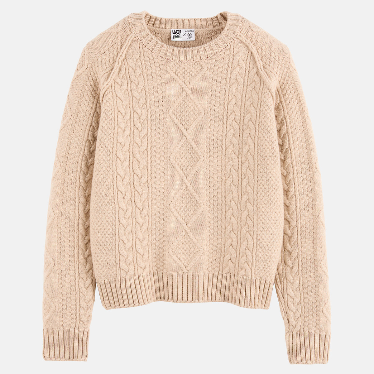 Pull torsadé, col rond, en laine mérinos ecru, LA REDOUTE X MAZORCAS
