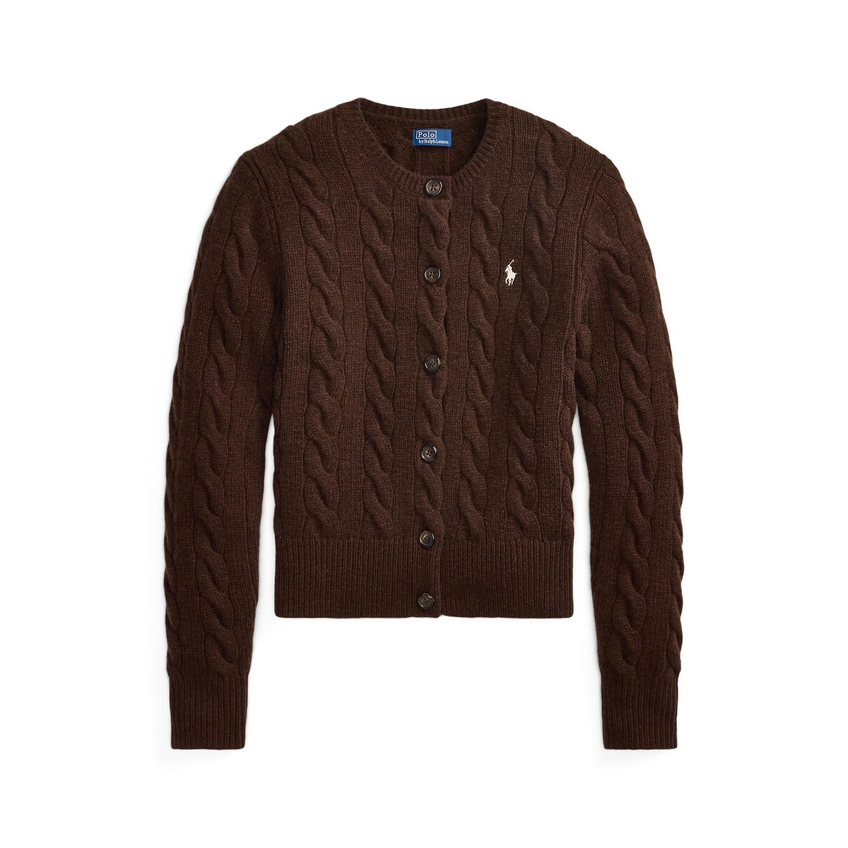 Cardigan girocollo a trecce, 80% lana, 20% cashmere marrone, POLO RALPH LAUREN