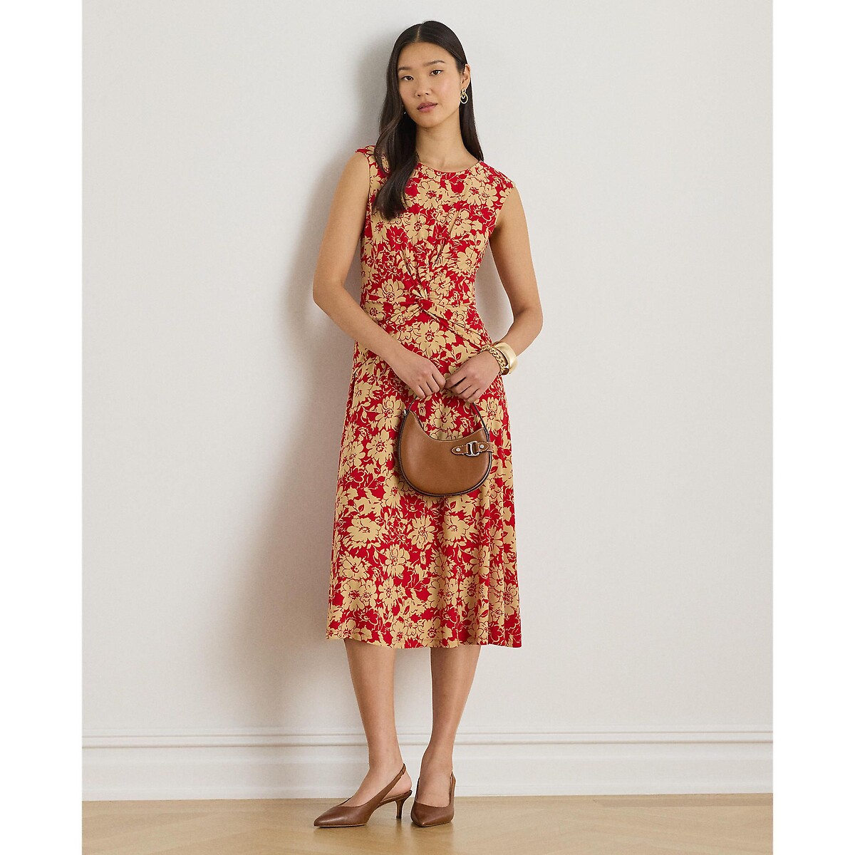 Robe midi sans manches col rond, imprimé floral rouge/camel, LAUREN RALPH LAUREN