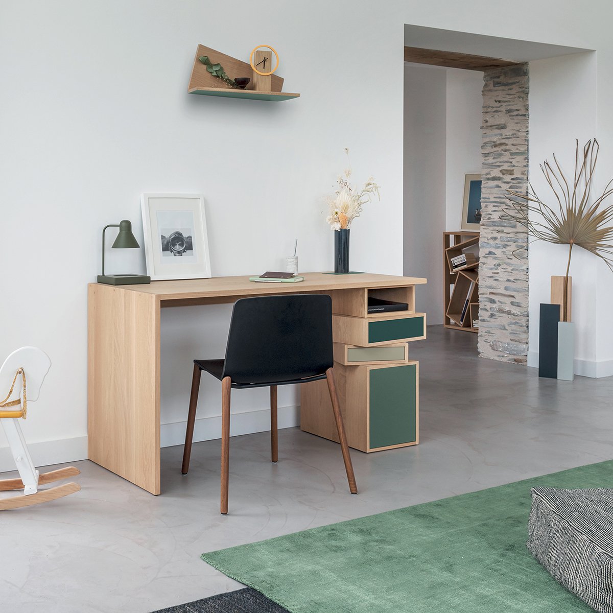 Bureau Empil en chêne massif bois clair & a et d vert sauge, b ardoise marine, c gris lin, DRUGEOT MANUFACTURE