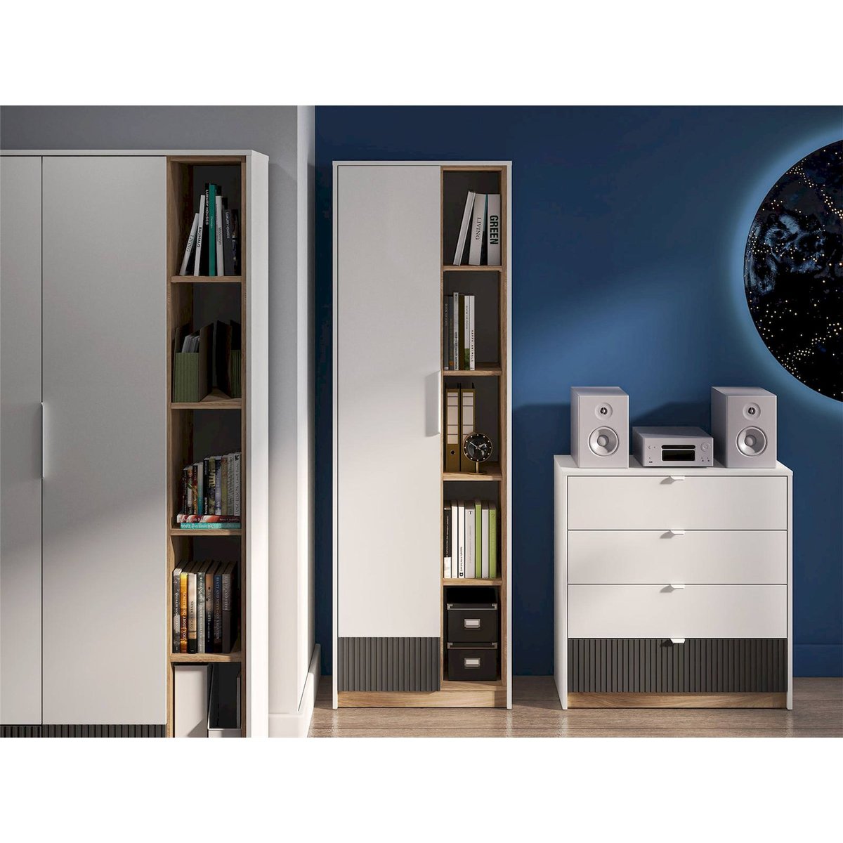 Armoire ado 1 porte niches rainurées TORINO blanc alpin, chêne honey castello et graphite, RECOLLECTION