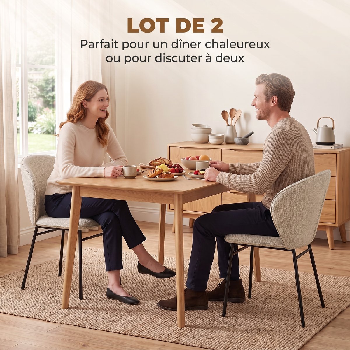 Chaise de salle à manger Tissu aspect lin crème, HOMCOM
