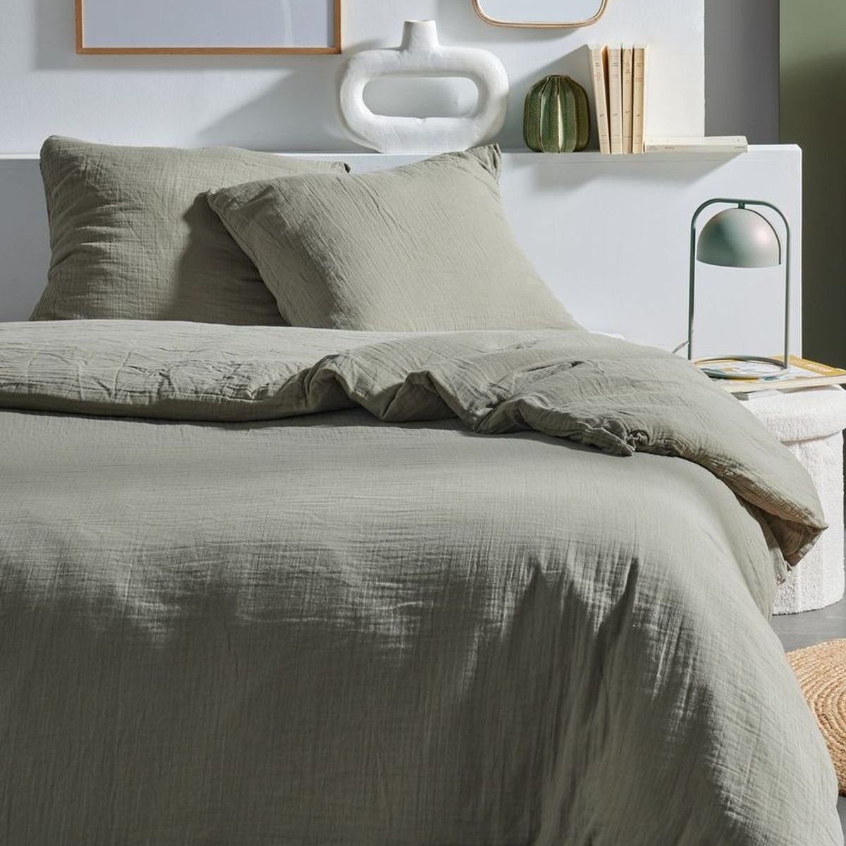Parure de lit gaze de coton unie SAUGE ESSENTIAL vert, TODAY