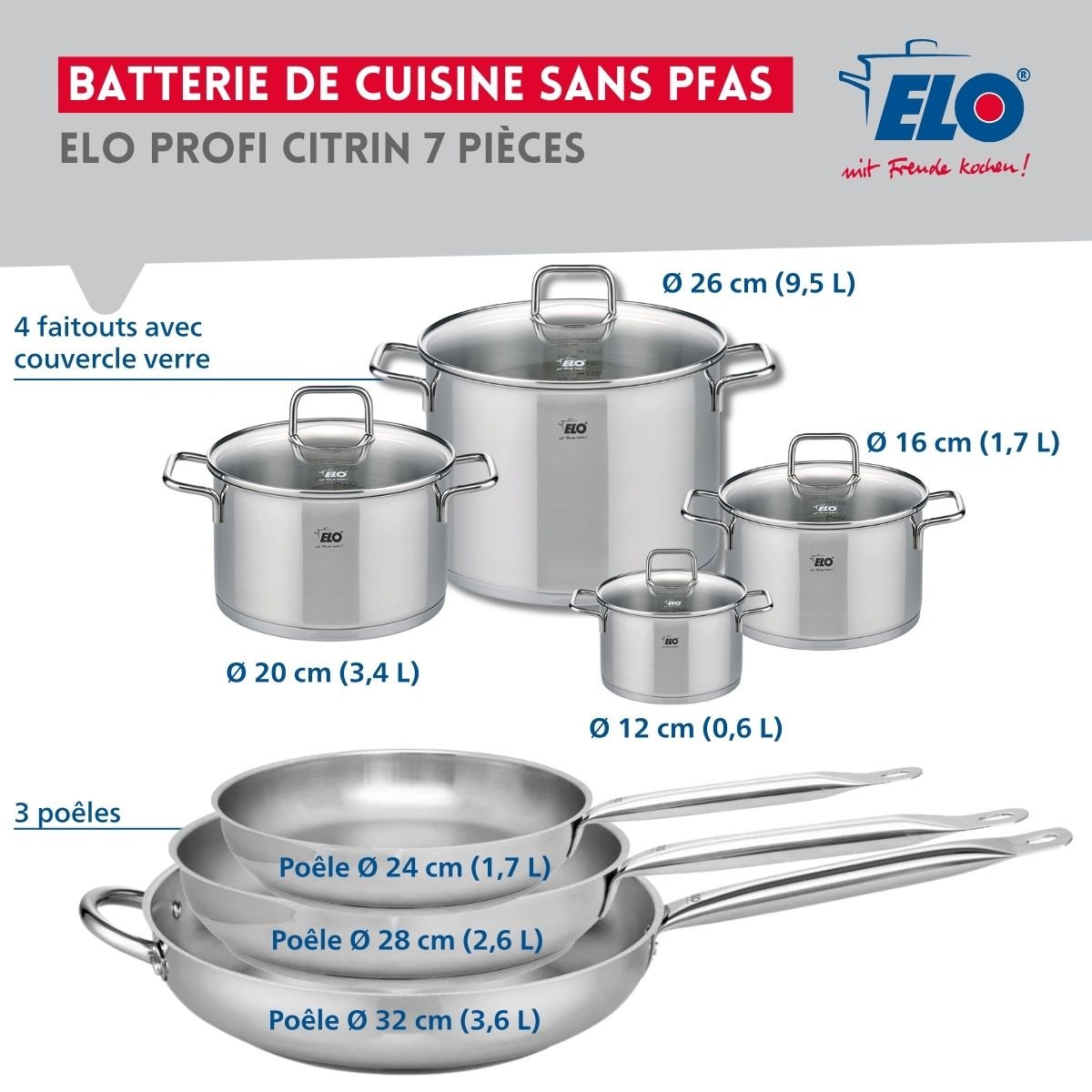 3 poêles 24/28/32cm + 4 faitouts 12/16/20/26cm PROFI CITRIN gris, ELO
