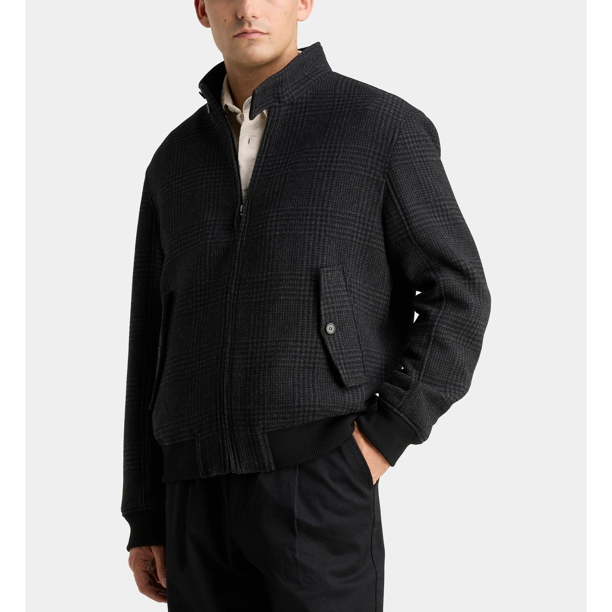 Blouson rariwool carreaux court en laine recyclée gris anthracite, GALERIES LAFAYETTE