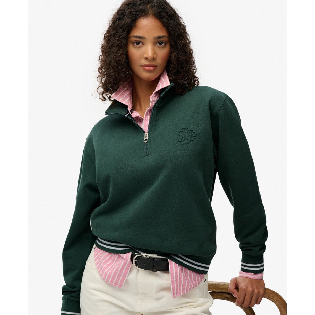 Pull Country Club à Demi-Zip Embossé vert émail, SUPERDRY