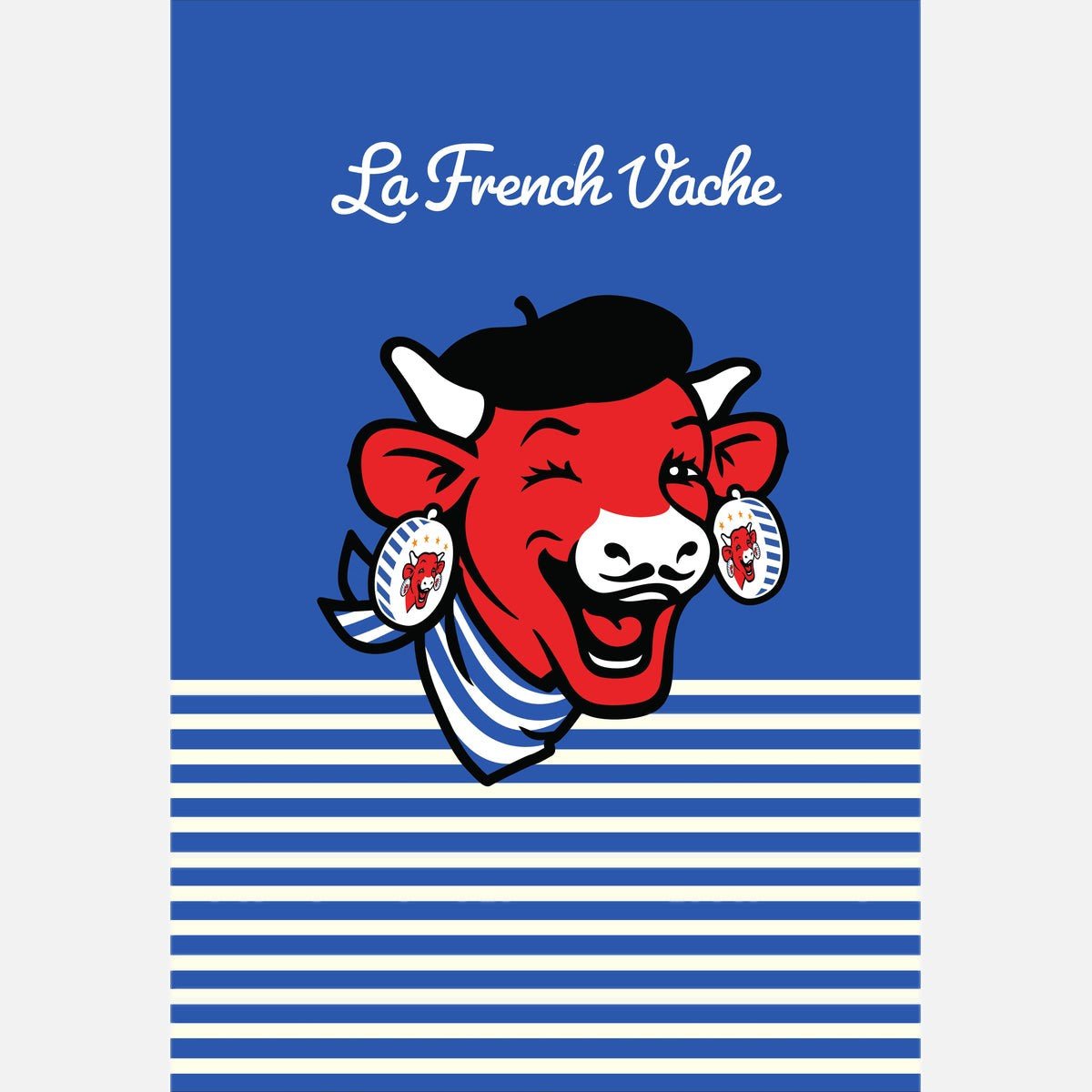 Torchon imprimé LA VACHE QUI RIT LE BÉRET bleu, COUCKE