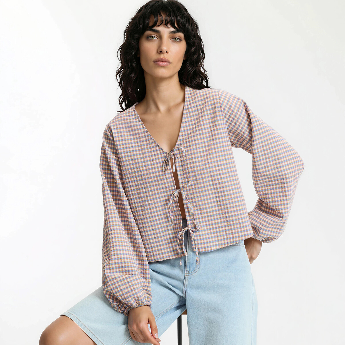 Blouse col V à carreaux à liens à nouer carreaux rose/bleu, LA REDOUTE COLLECTIONS
