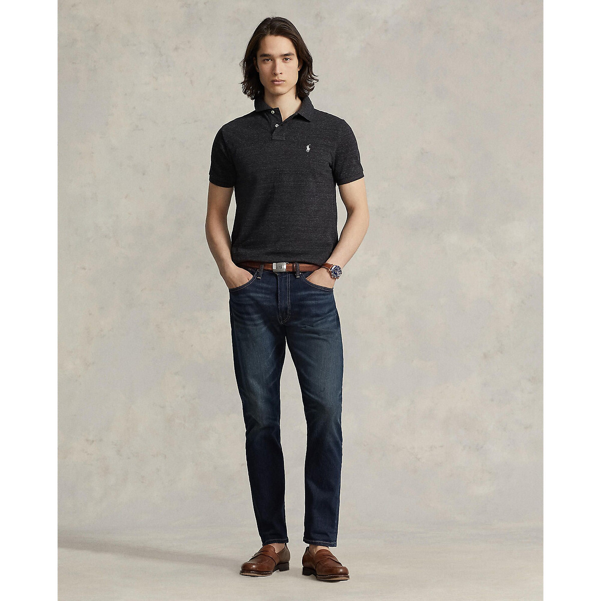 Polo cintré en coton piqué gris foncé, POLO RALPH LAUREN