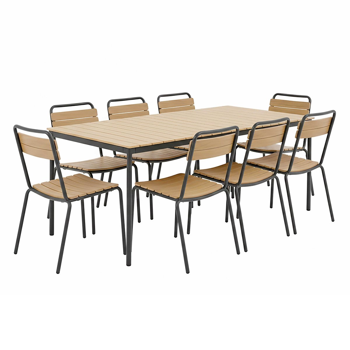 Table de jardin effet bois en métal et bois synthétique 180x90 cm et 8 chaises, BOGOTA gris anthracite, OVIALA