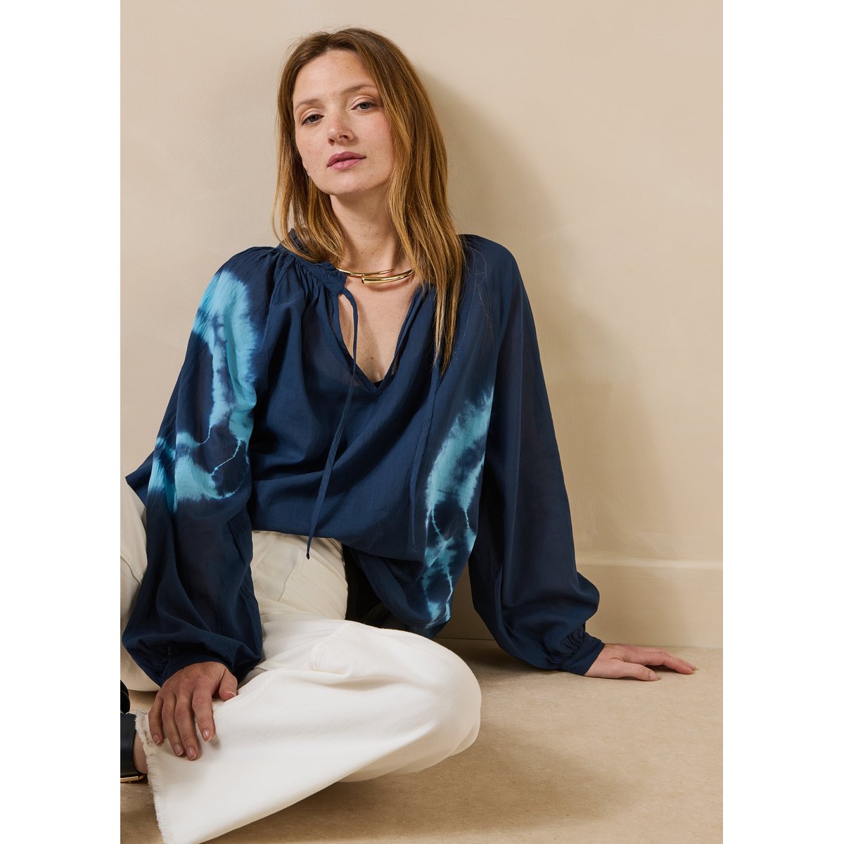 Top en voile de coton imprimé tie & dye bleu encre, LA FEE MARABOUTEE