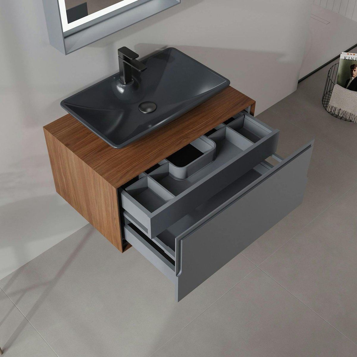 Meuble vasque suspendu 80 cm, 2 tiroirs RIA gris, PIER IMPORT