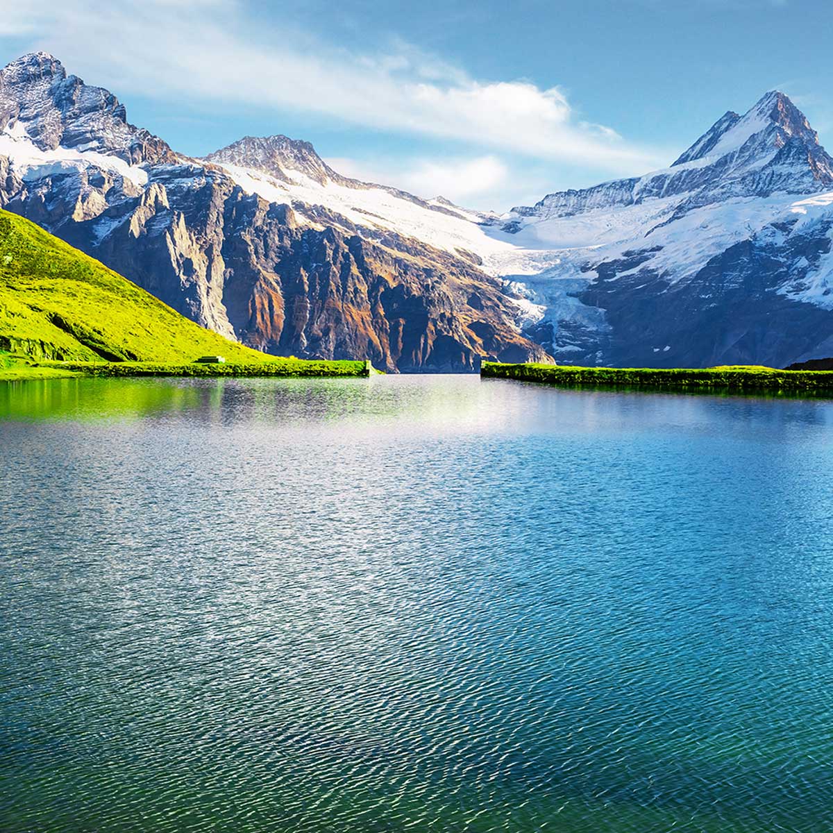 Tableau panoramique lac alpin turquoise et sommets enneigés été toile imprimée, HEXOA
