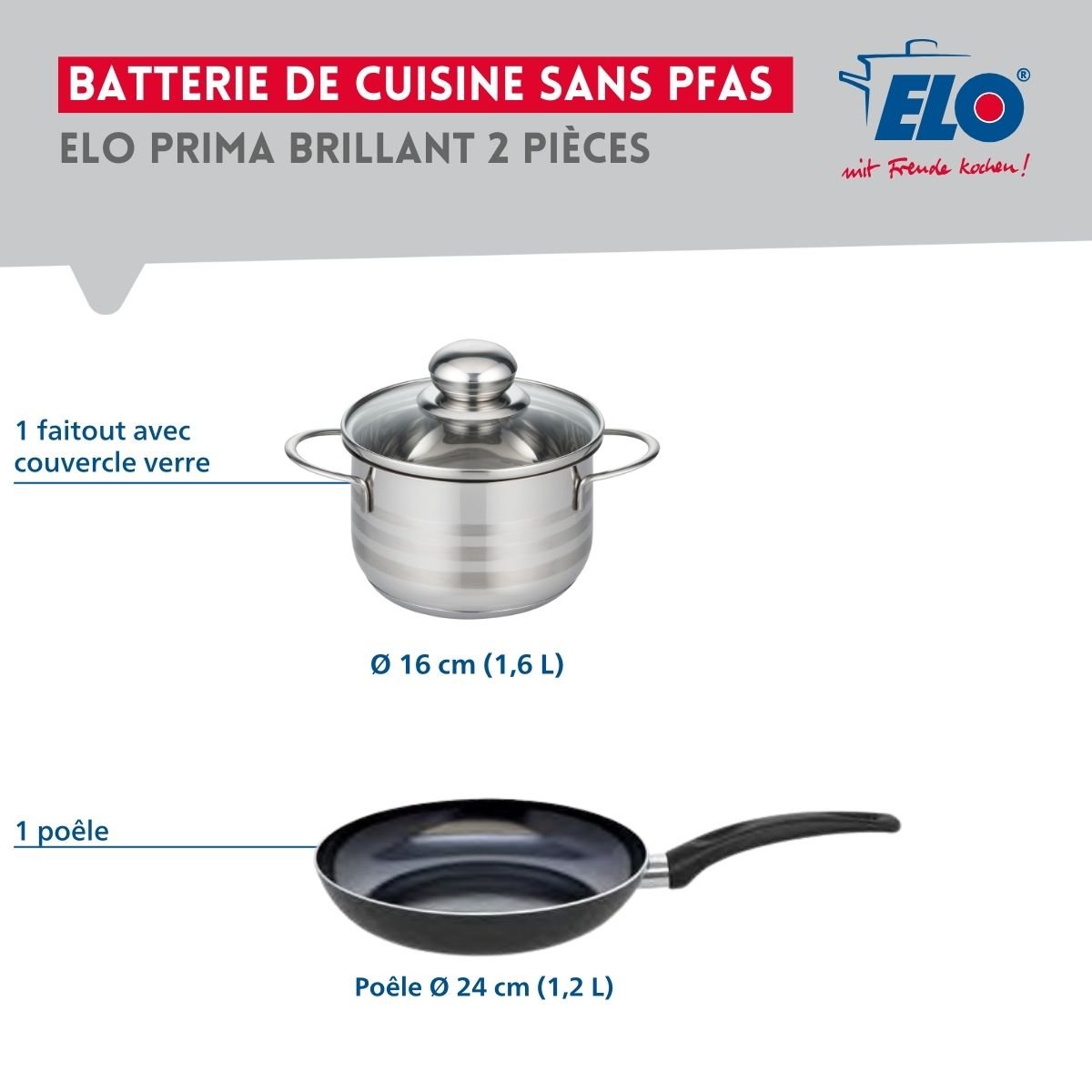 Batterie de cuisine 1 poêle 24cm + 1 faitout 16cm PRIMA BRILLANT noir, ELO