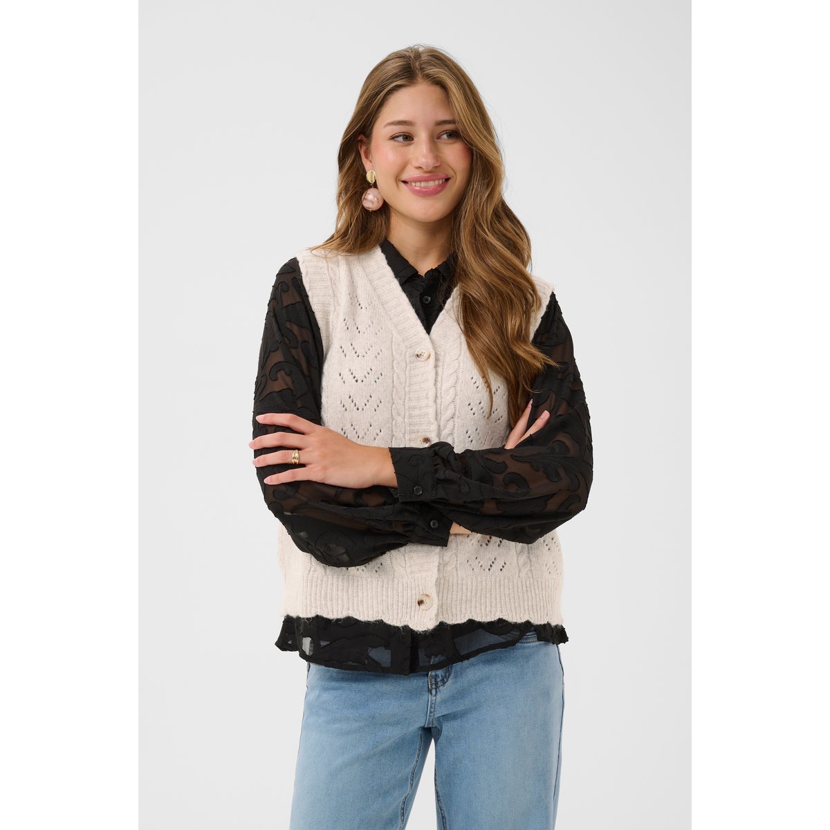 Manteau tricoté beige oat melange, CREAM