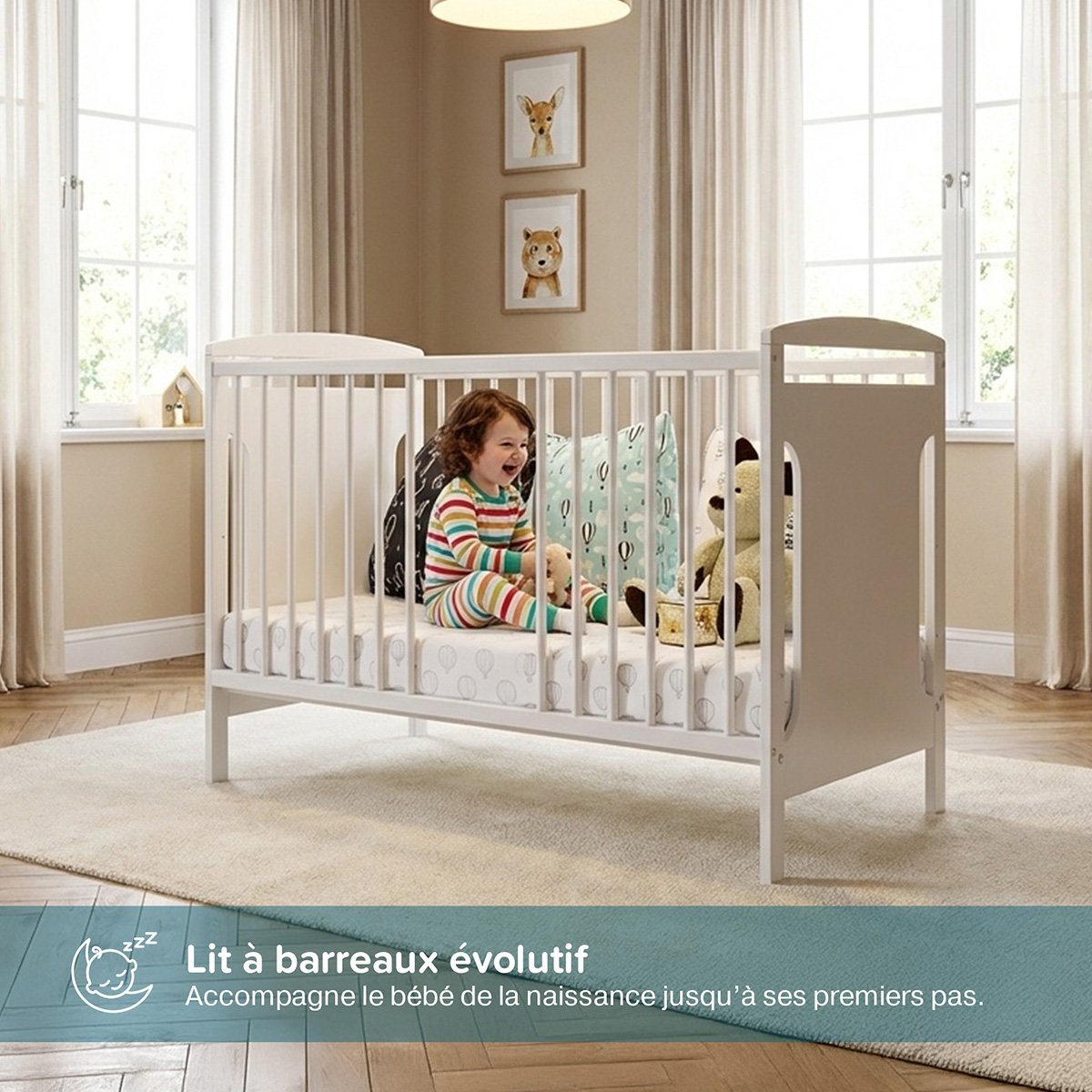 Lit bébé évolutif Margot - Design sobre - Grandit avec l'enfant blanc, MINEA