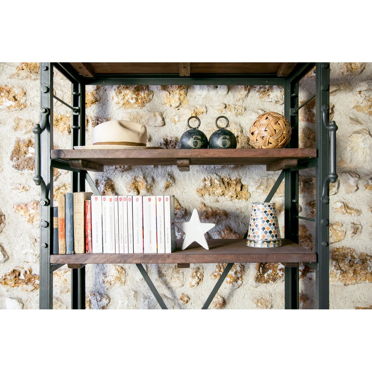Bureau-bibliothèque en fer et manguier SEATTLE bois foncé, PRODUIT INTERIEUR BRUT