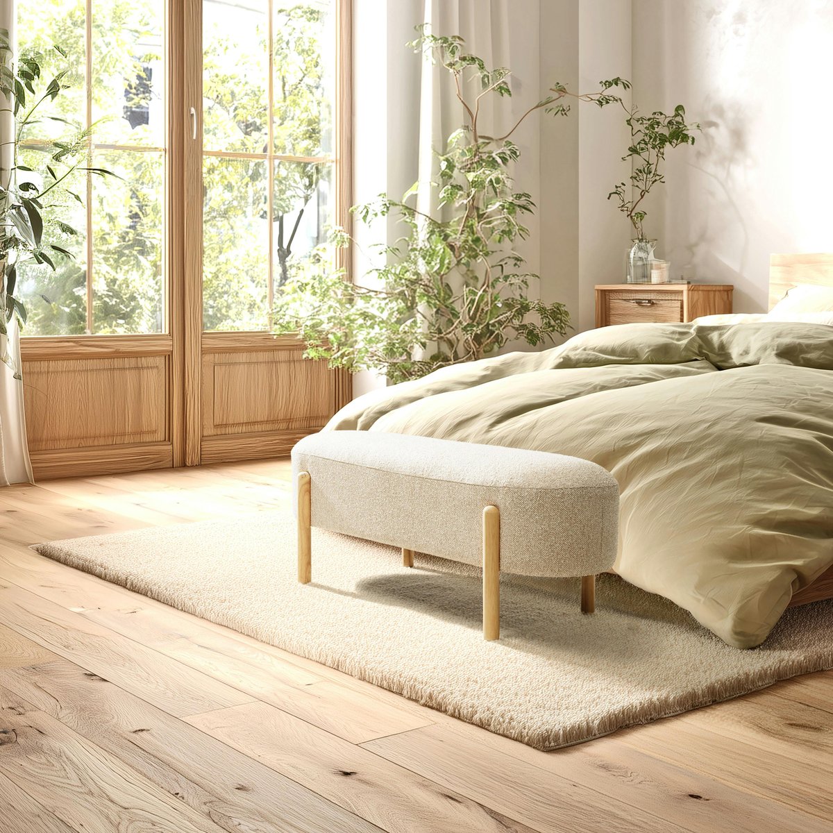 Banc en tissu effet laine beige et pieds bois COLOMBUS beige, PIER IMPORT