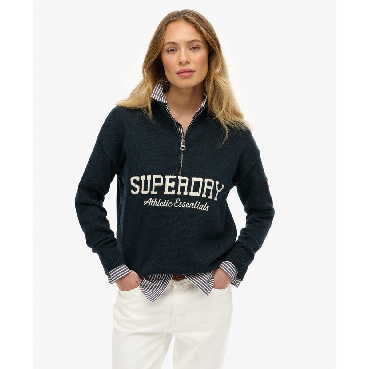 Pull à demi-zip graphique décontracté bleu marine éclipse, SUPERDRY