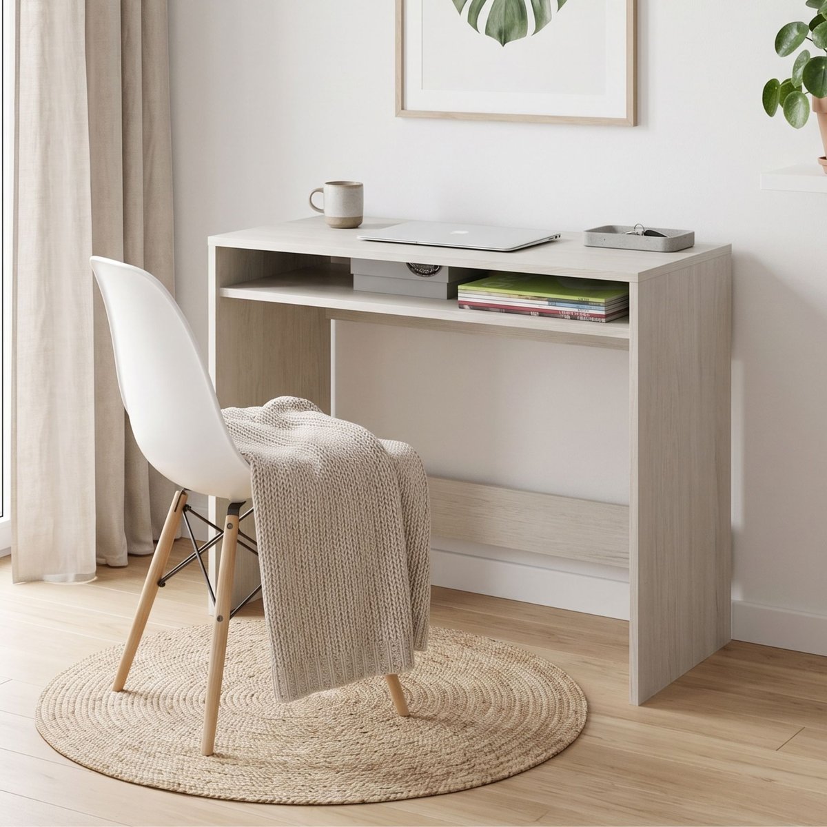 Bureau en bois avec tablette fixe blanc, TERRE DE NUIT