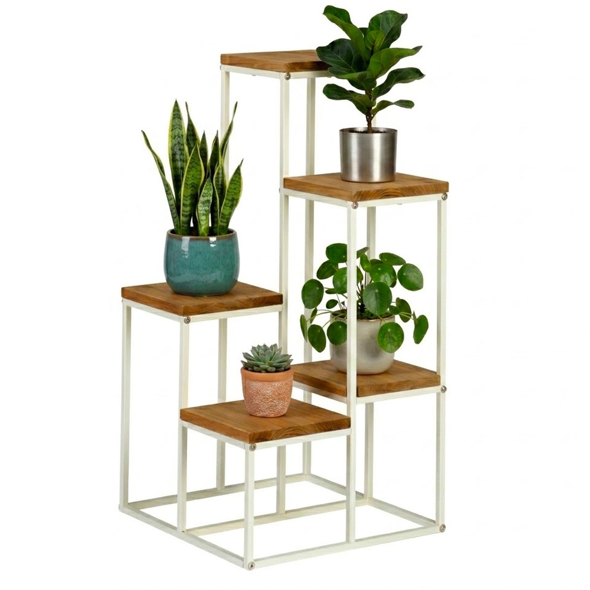 Support pots plantes étagé en métal blanc et plateaux bois 34x34x67cm noir, WADIGA