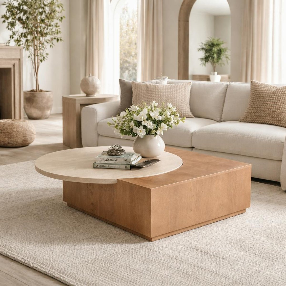 Table basse travertin et bois style design DUOMO beige, PIER IMPORT