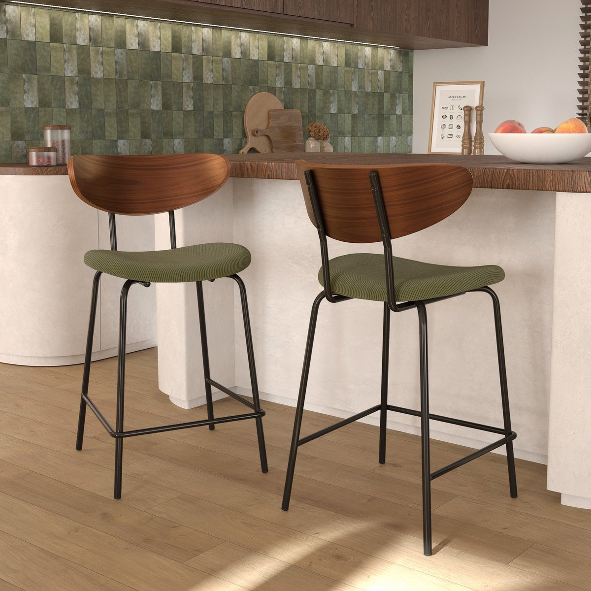 Lot de 2 chaises pour îlot central en velours côtelé 64.5 cm - JADE vert kaki, MAISON PAVANE