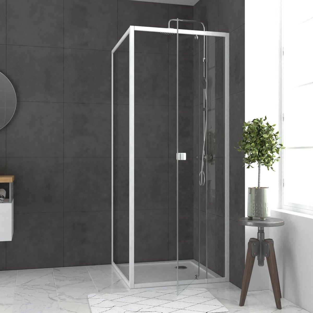 Porte de douche pivotante en verre trempé avec paroi de retour blanc, HOME MAISON
