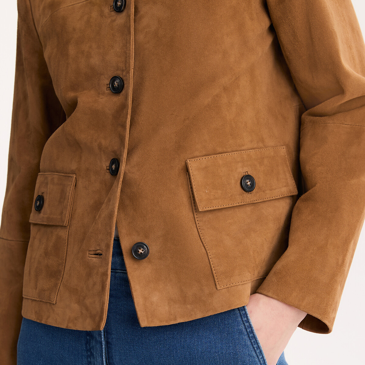 Blouson, fermeture pressionnée, en cuir de chèvre camel, ANNE WEYBURN