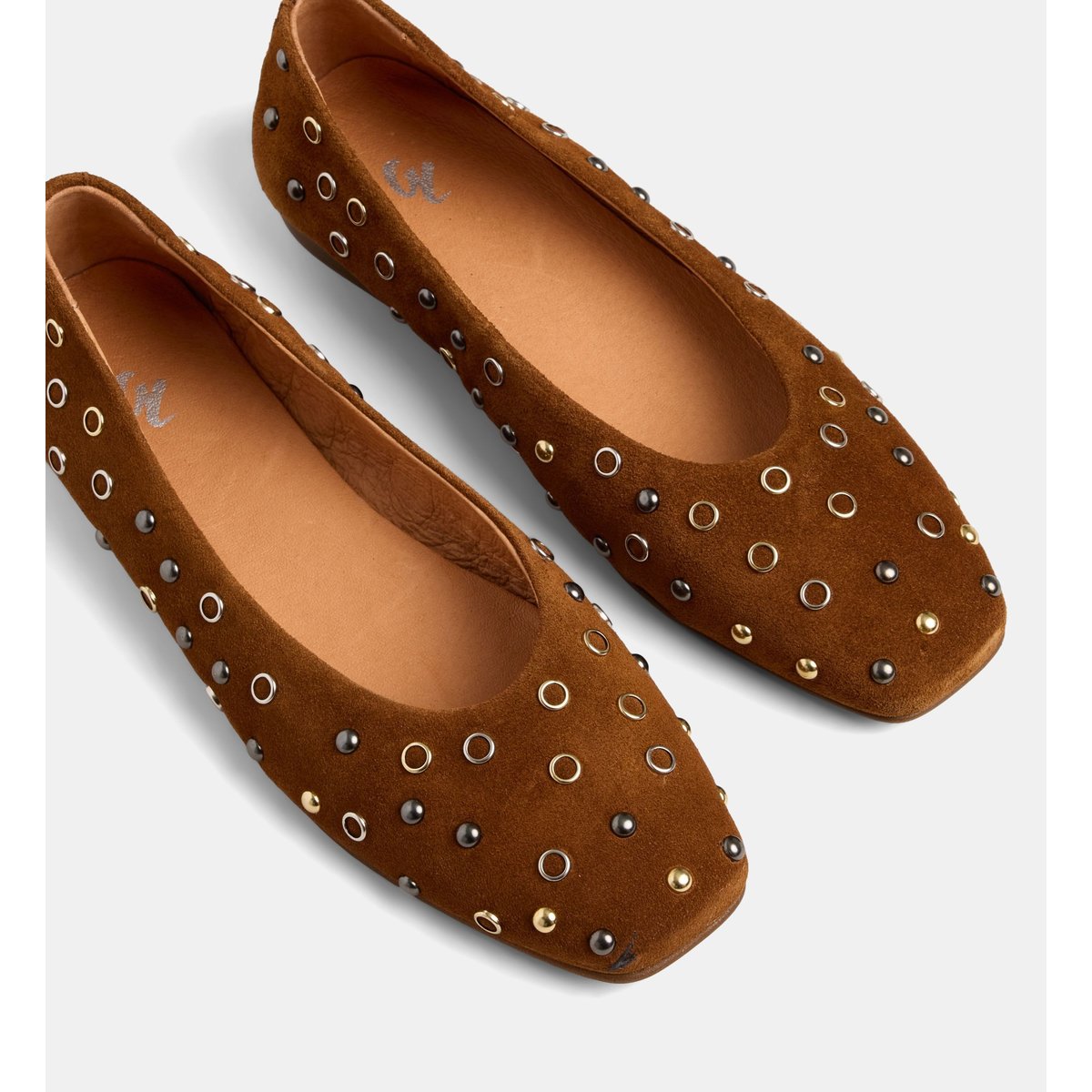 Ballerines blanche studs œillets cuir cognac, GALERIES LAFAYETTE