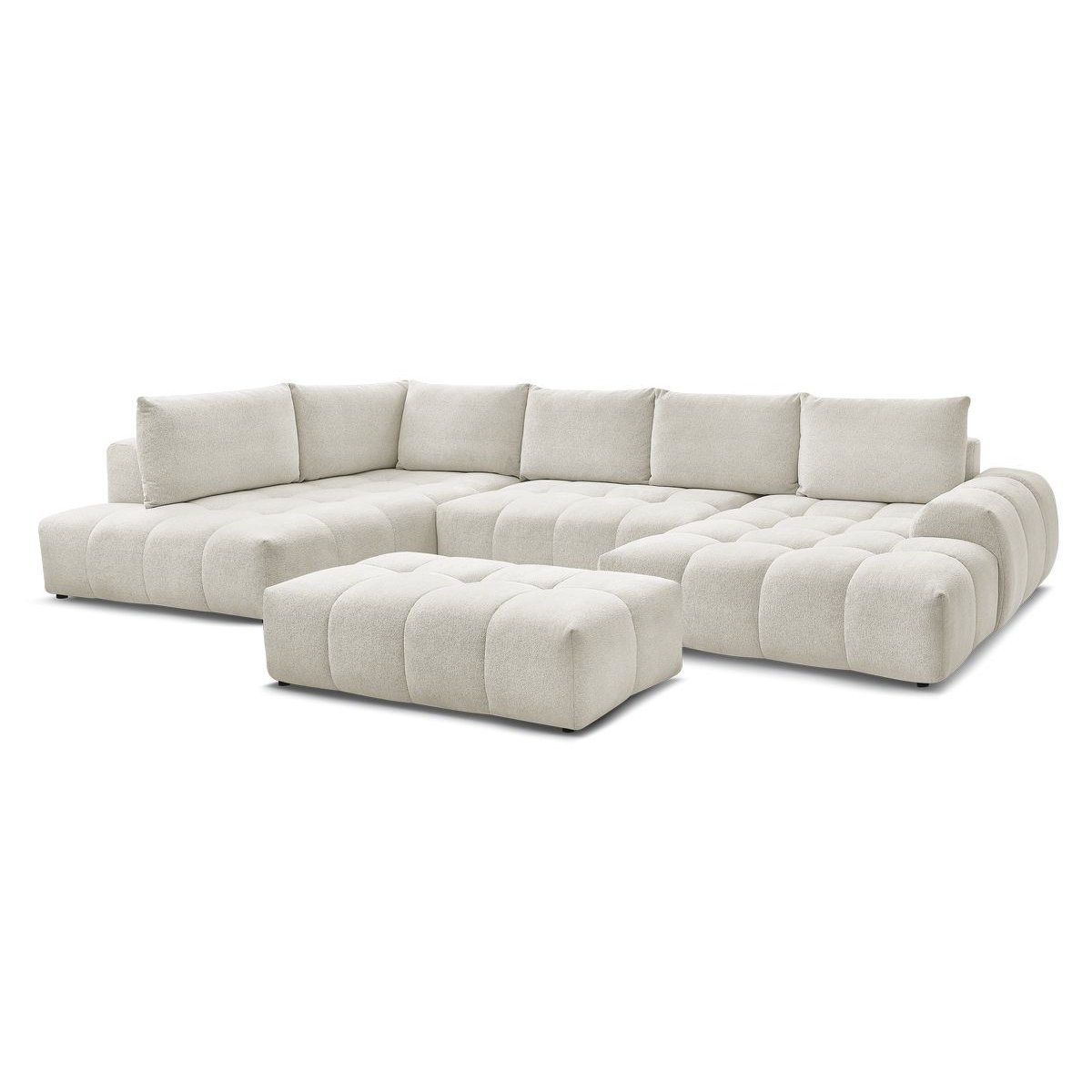 Canapé panoramique convertible 7 places en tissu chiné avec pouf, EVEREST blanc, BOBOCHIC