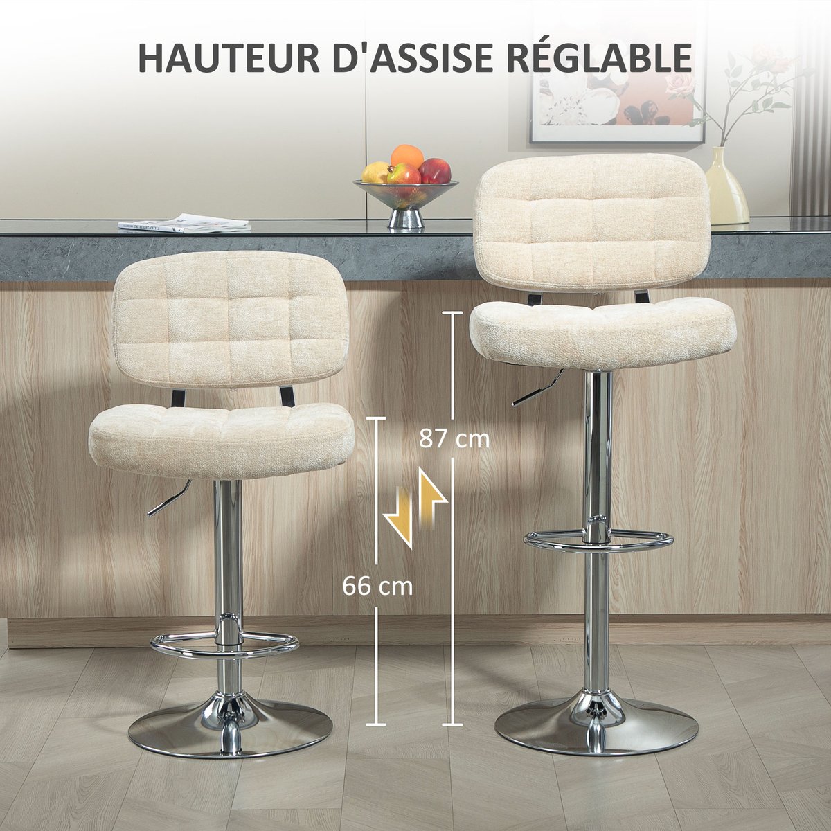 Tabouret de bar Chenille (100 % polyester) beige, HOMCOM